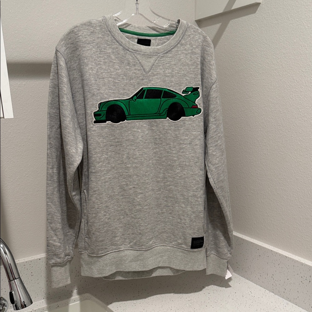 Gray Men's Sweatshirt with Green Car Graphic